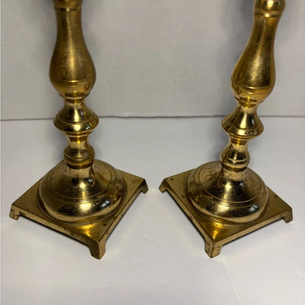 Vintage Brass Candlestick Holders Japan Square Base 7.5” Set Of Two